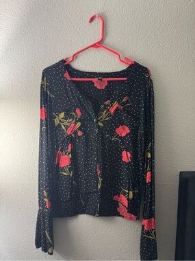 Volcom Black Blouse with Pink Floral & White Dots